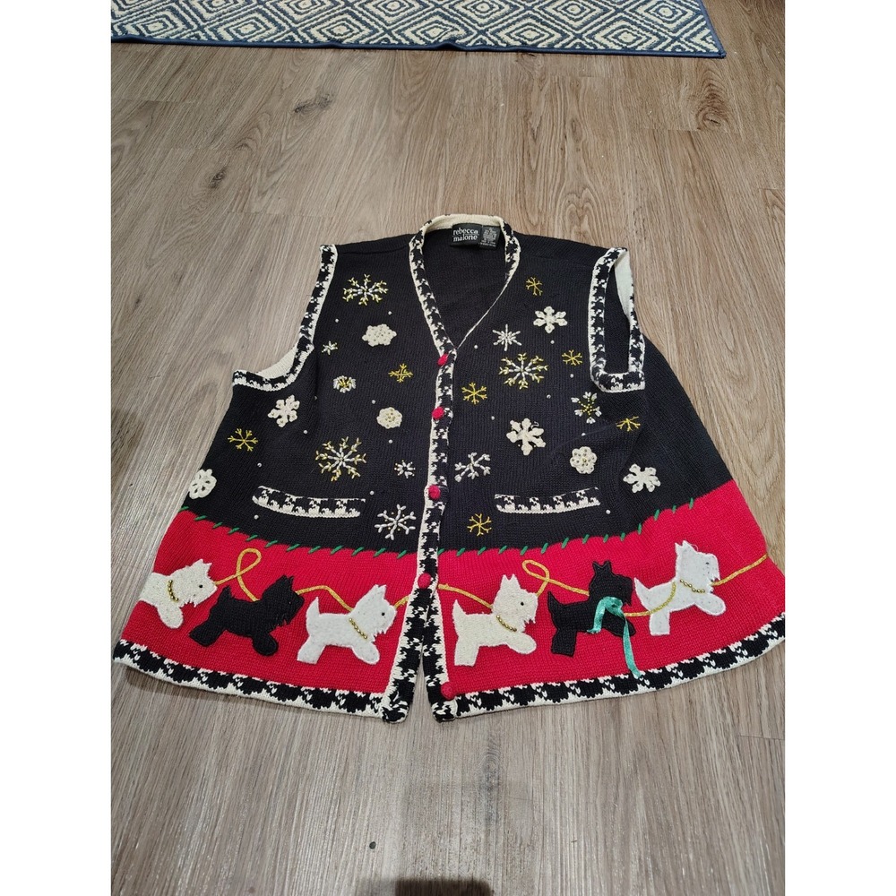 Vintage Rebecca Malone XL Christmas Scottie Dog Snowflake Beaded Sweater Vest